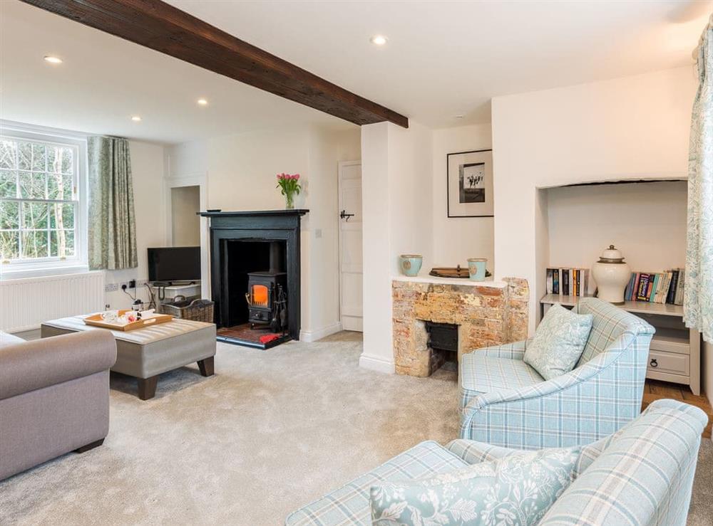 Comfortable living room with wood burning stove at Pond Cottage in Boldre, near Lymington, Hampshire