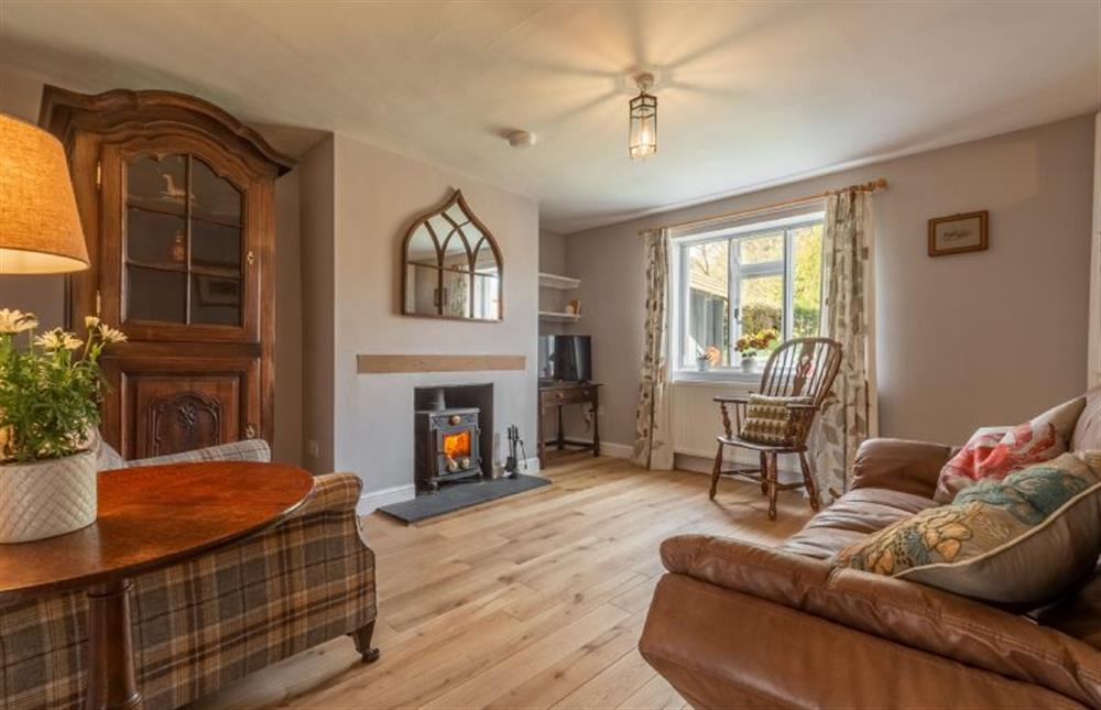 Pond Cottage: Lovely sitting room with antique furniture, Smart television and wood burning stove at Pond Cottage, Edgefield near Melton Constable