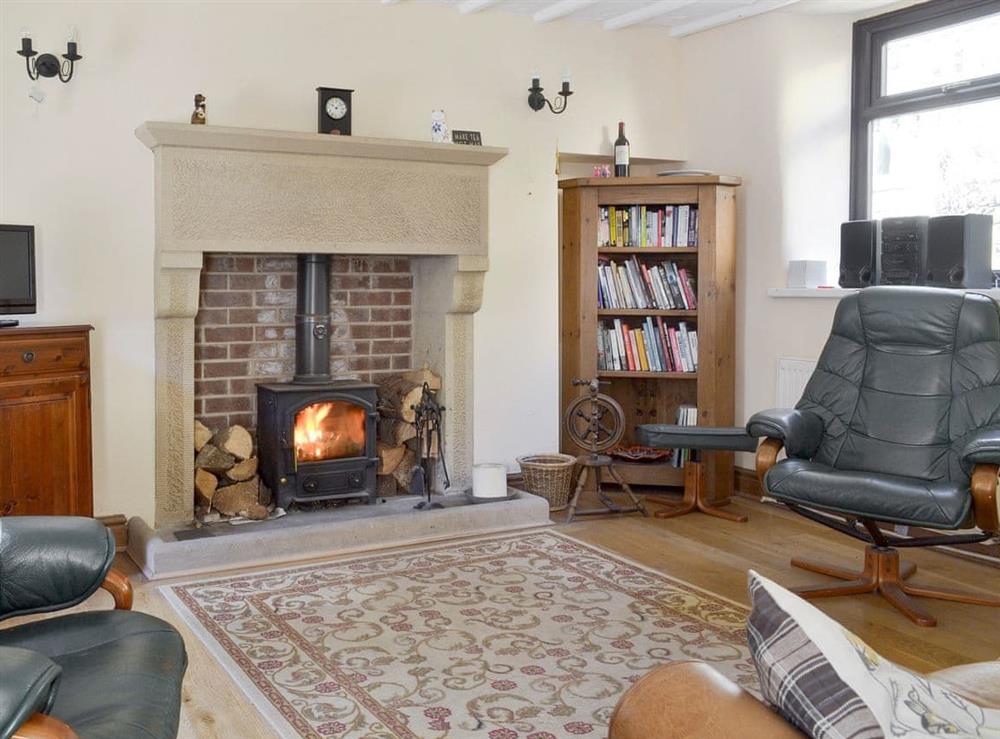 Stylish living area with feature fireplace at Poppy Cottage in Bonsall, near Matlock, Derbyshire, England