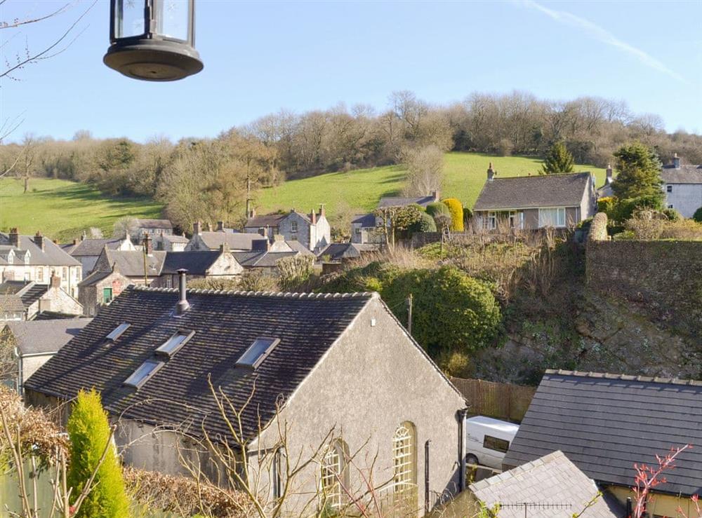 View over village from summerhouse at Poppy Cottage in Bonsall, near Matlock, Derbyshire, England