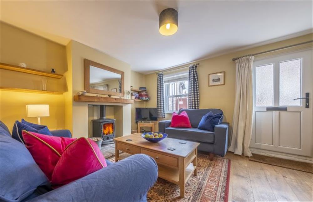 Sitting room with wood burning stove and Smart television