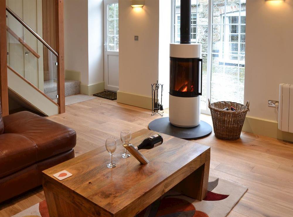 Living space with contemporary wood burner at Poppyfields Stable in Scorrier, near St Day, Cornwall