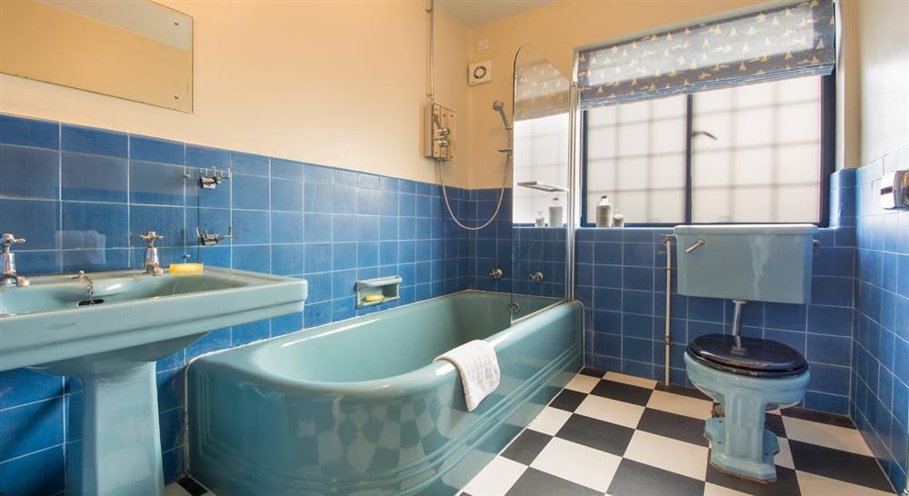 The blue bathroom at Portland House in Weymouth, Dorset