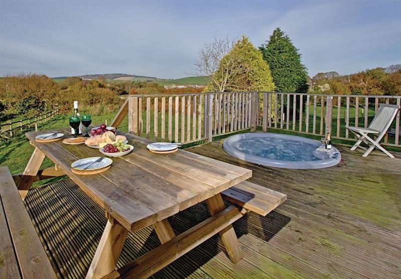 Decked area with hot tub in Silver Birch at Portmile Lodges in Devon, South West of England