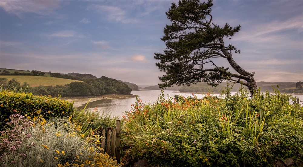 The view of Frenchmans Creek meeting the Helford River, from the garden of Powders, Cornwall at Powders in Helston, Cornwall
