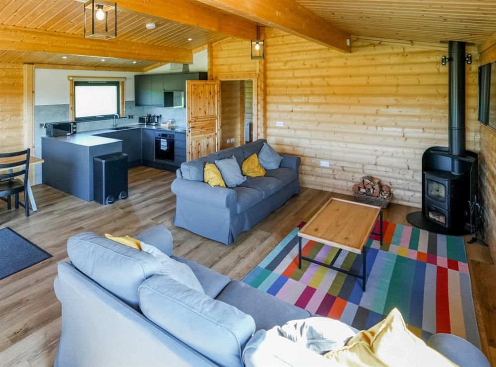 Open plan living space at Primrose Lodge in Hittisleigh, Devon