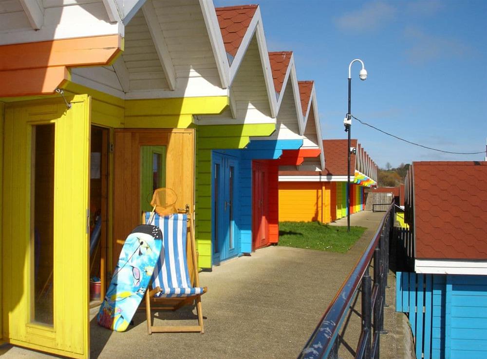 Beach huts at Princess Lodge in Scarborough, Yorkshire, North Yorkshire