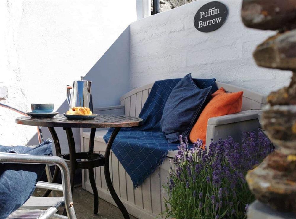 Sitting-out-area at Puffin Burrow in Portmellon, Nr Mevagissey, Cornwall., Great Britain
