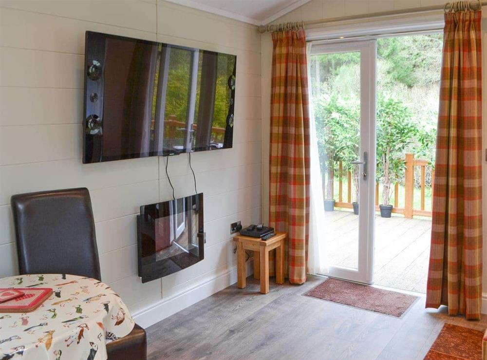 Wall-mounted TV and French doors to terrace