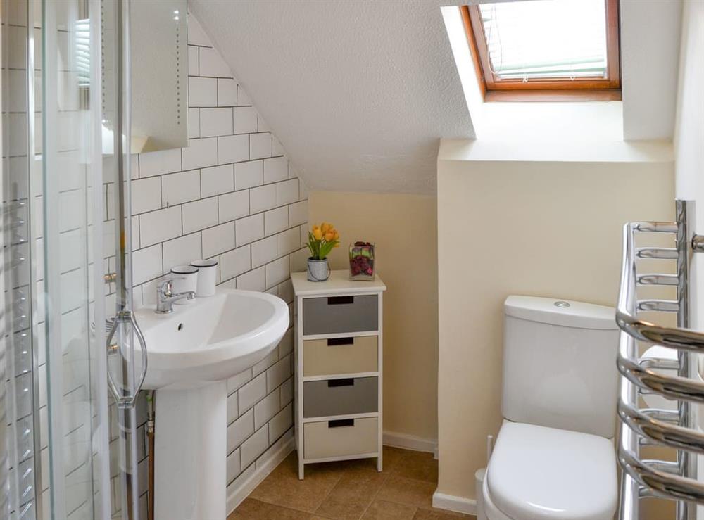 Shower room with heated towel rail at Puffin Cottage in Wroxham, Norfolk