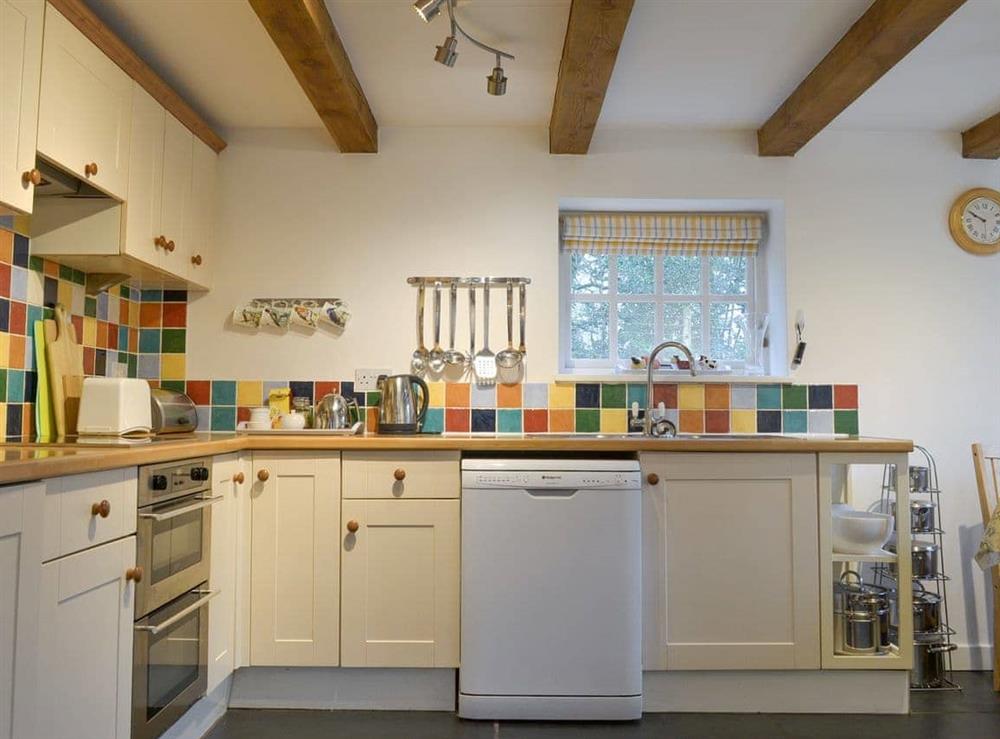 Well-equipped fitted kitchen at Quarrymans Cottage in Golberdon, Nr Callington, Cornwall., Great Britain