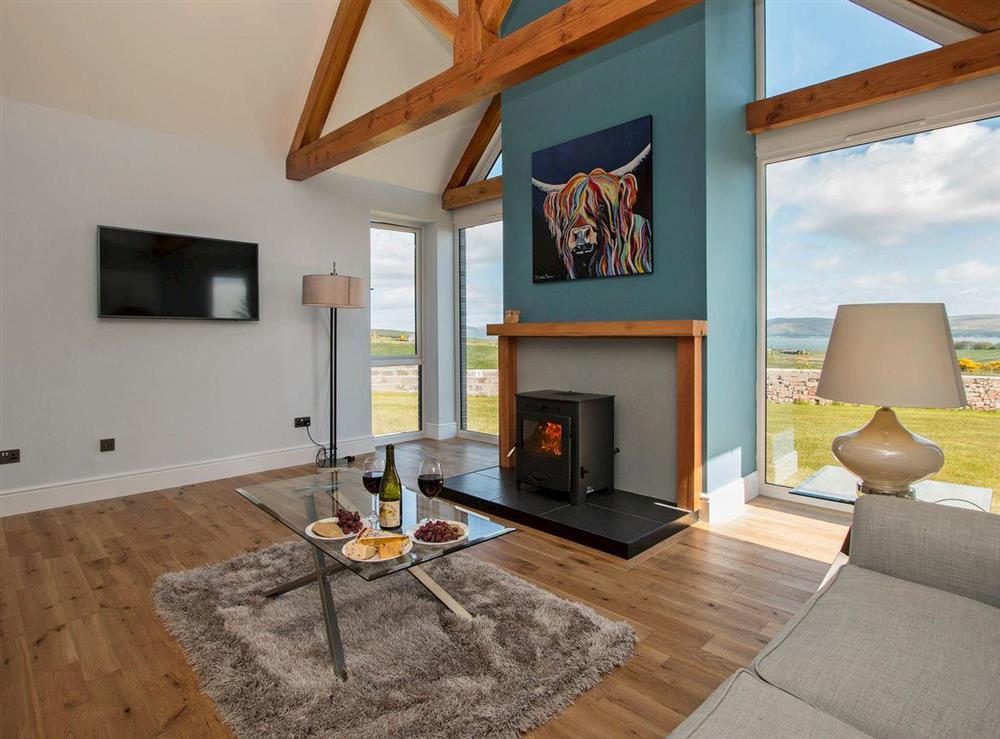 Beautifully decorated living room area with cosy wood burner at Quarter Acre House in Kirkcolm, near Stranraer, Dumfries and Galloway, Wigtownshire