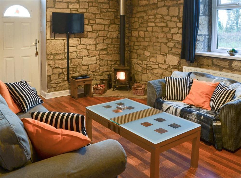 Charming living area with exposed stone walls and wood burner at Stable Cottage, 