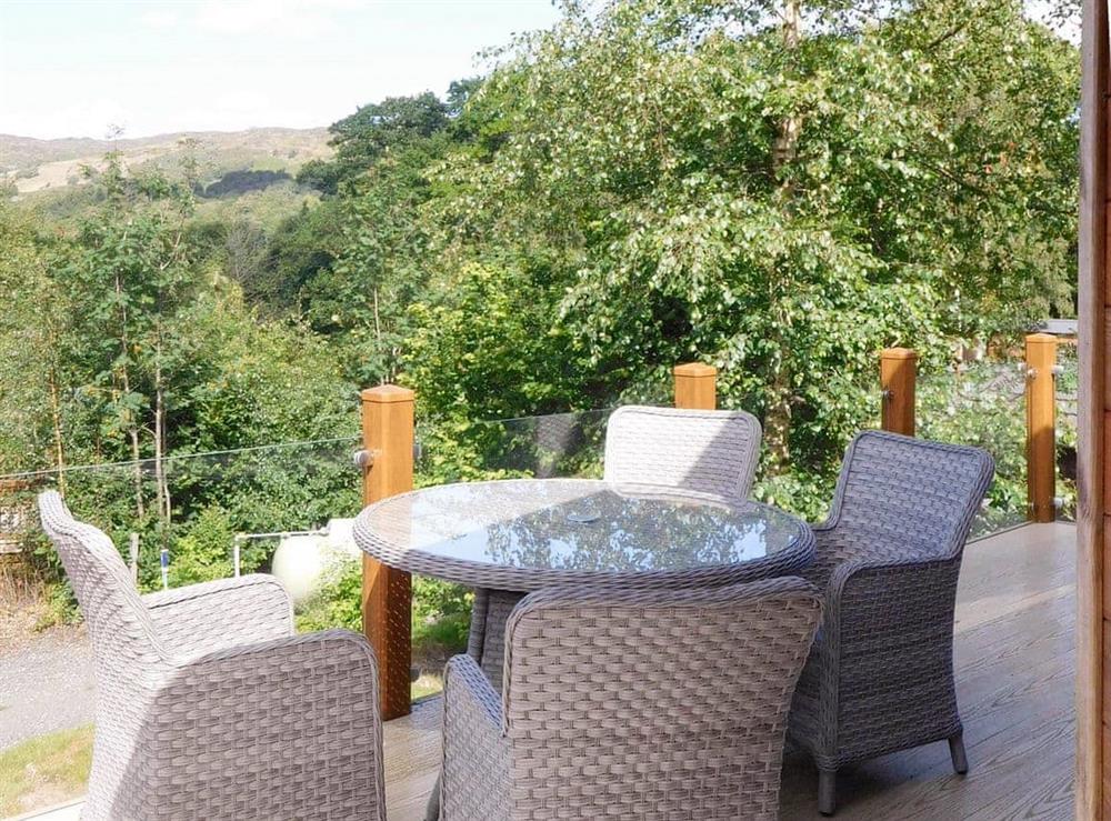 Relaxing furniture on balcony at Ransome Lodge in Water Yeat, near Coniston, Cumbria