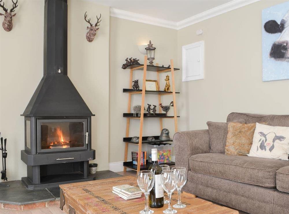 Living room with cosy wood burner at Red Hen Cottage in Acklington, Northumberland