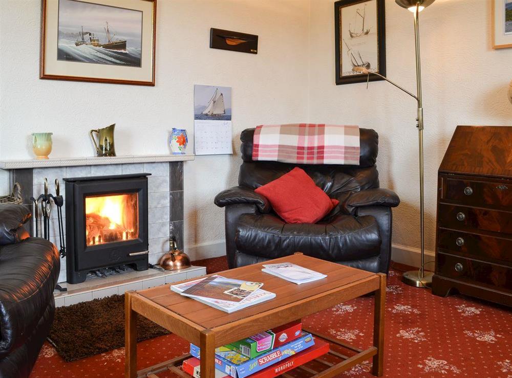 Relaxing living room with wood burner at Red Lodge in near Oban, Argyll