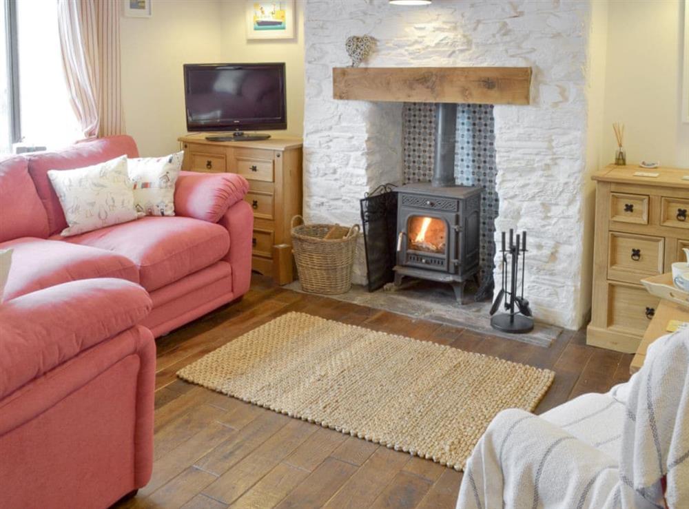 Welcoming living room with wood burner at Revels Retreat in Brixham, Devon