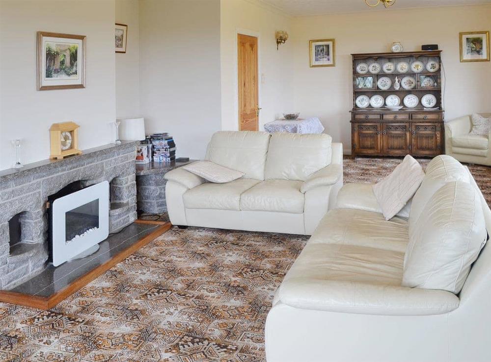 Cosy living room with stylish leather sofas at Rhandir-Mwyn in Caernarfon, Gwynedd