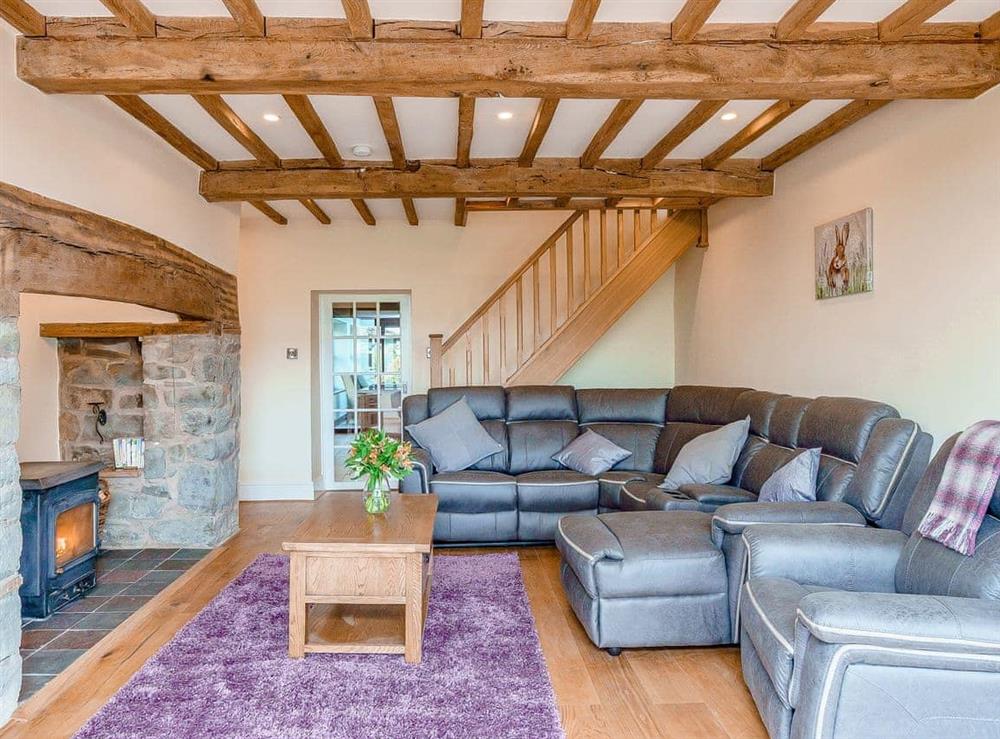 Spacious living room with wood burner at Rhiew Bank in Bwlch-y-ffridd, near Newtown, Powys