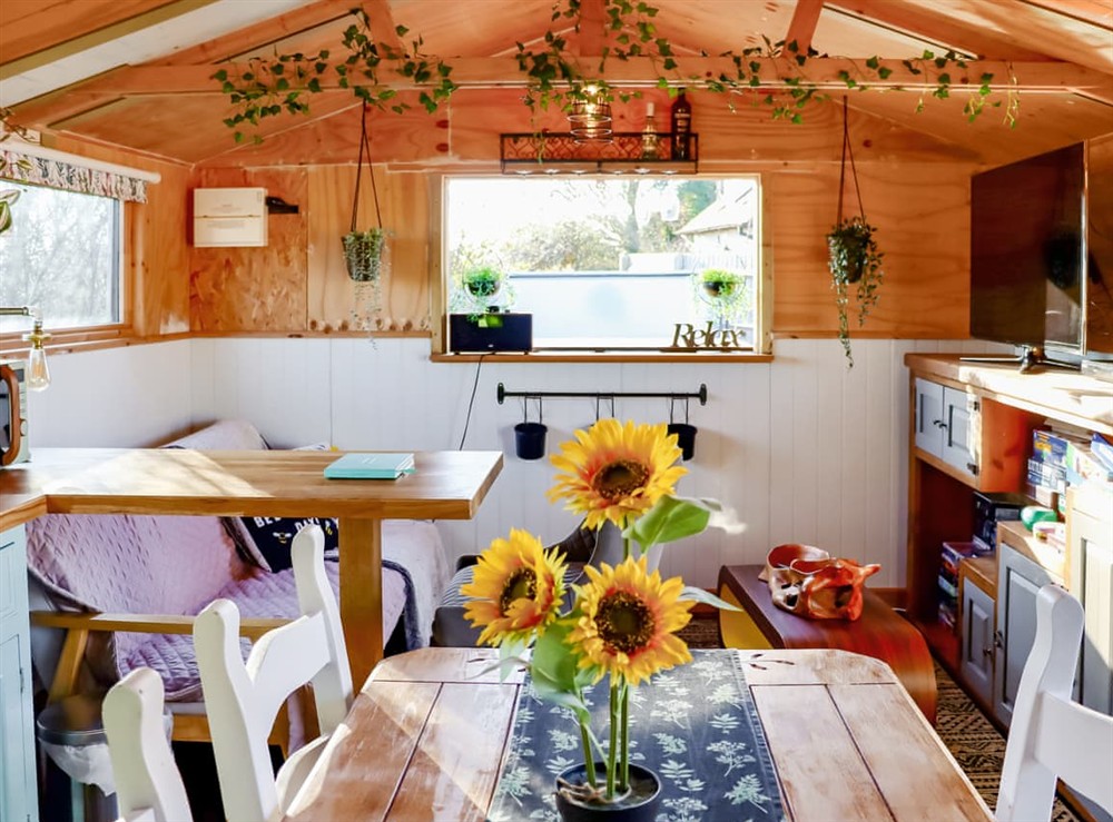 Open plan living space at Ridgeway Cabin in East Isley, near Reading, Berkshire