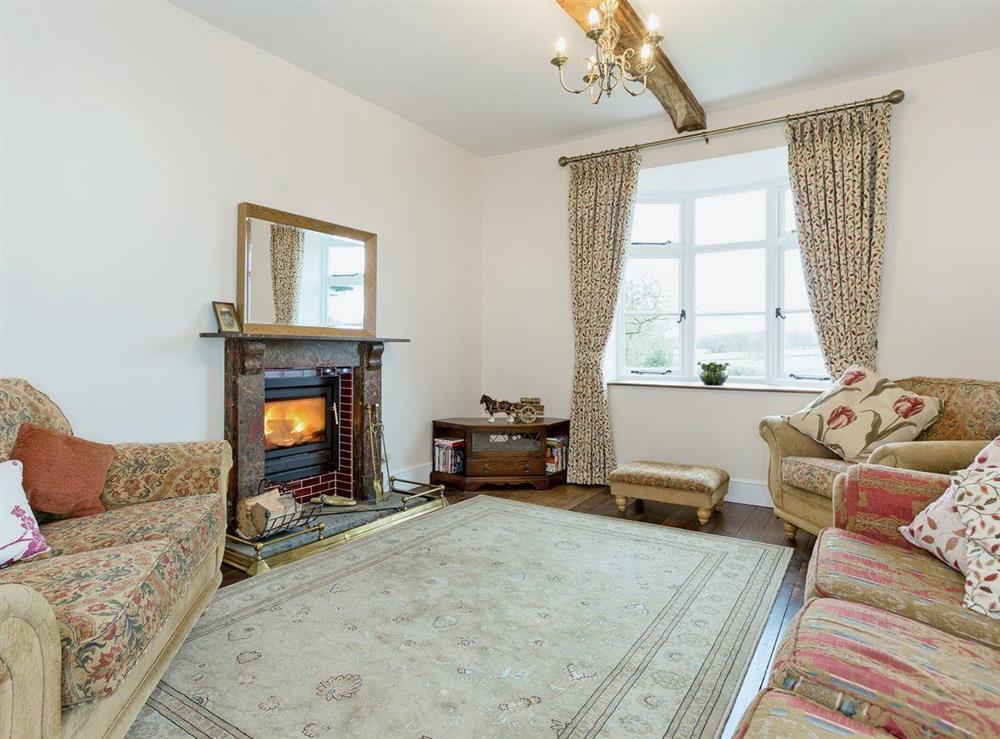 Cosy living room with wood-burning stove and wooden floor at Rimmers Farmhouse in Wichenford, near Worcester, Worcestershire
