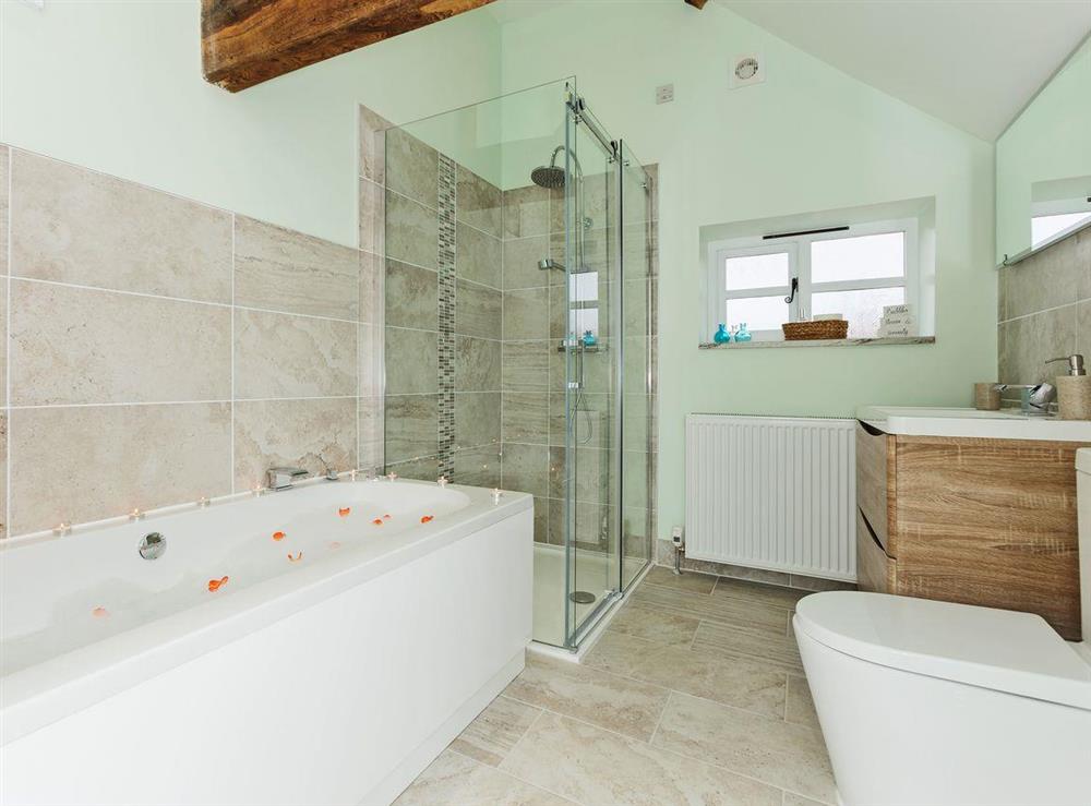 Luxurious bathroom with bath, separate shower cubicle and toilet at Rimmers Farmhouse in Wichenford, near Worcester, Worcestershire