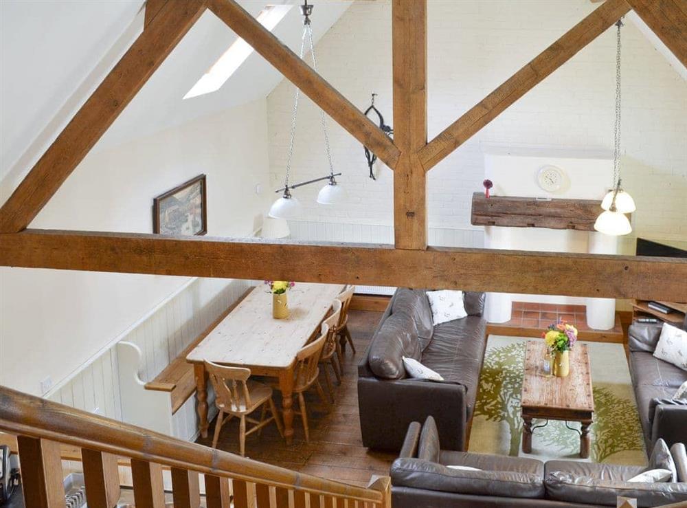 High ceilings in living area with exposed wooden trusses at River View in Brandesburton, Nr Bridlington, East Yorkshire., North Humberside