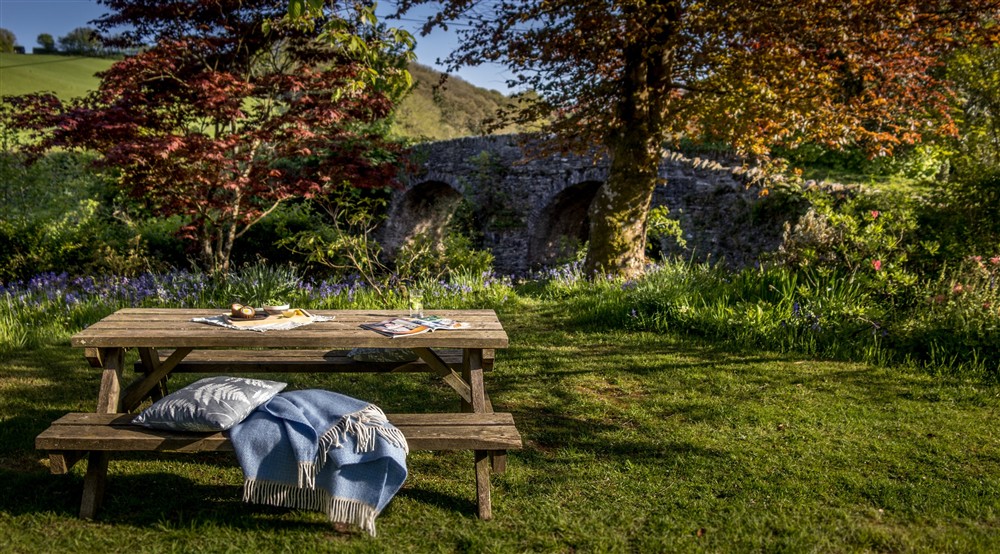 The lawn shared with the tea-room next door at Riverside Cottage in Lynton, North Devon