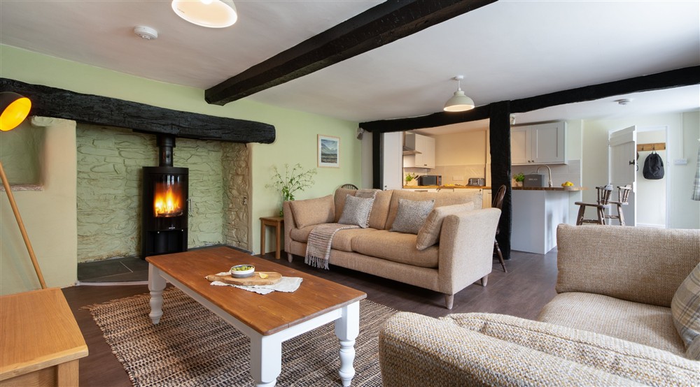 The open-plan kitchen, sitting and dining room (photo 3) at Riverside Cottage in Lynton, North Devon