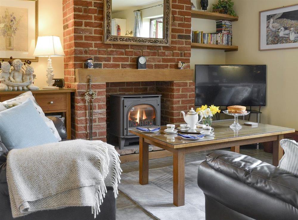 Welcoming living area with wood burner at Riverside Cottage in Old Costessey, Norfolk., Great Britain