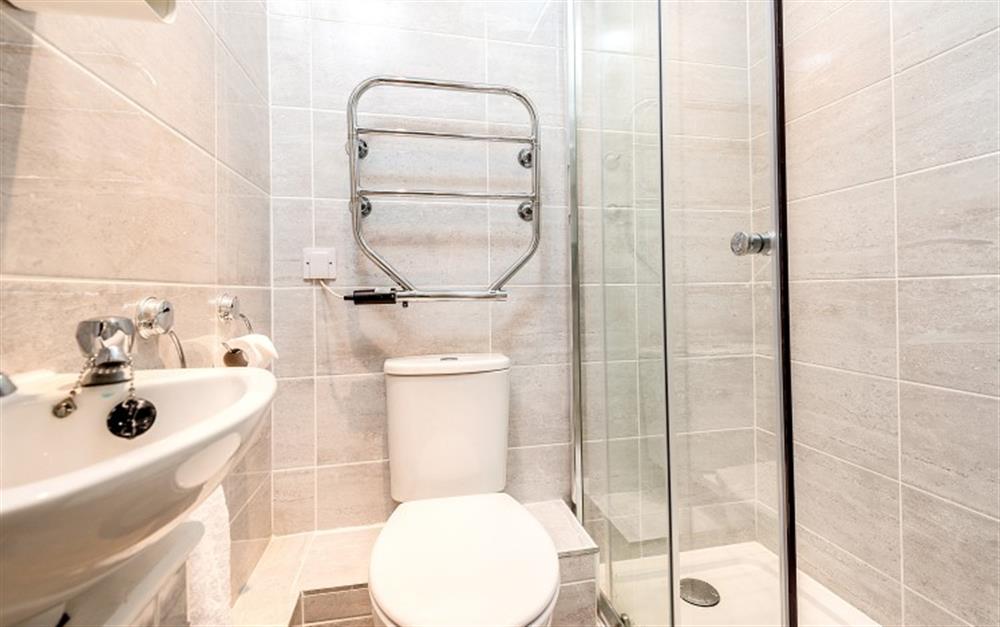 The modern shower room has a spacious shower cubicle at Riverside in Helford Passage