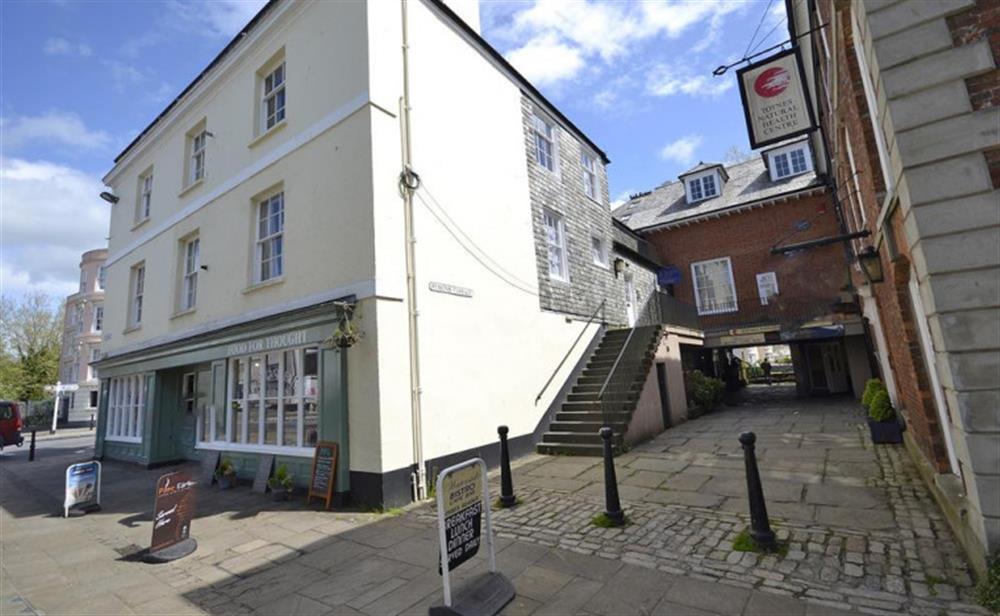 The property is accessed via the steps in Symons Passage. at Riverside Loft in Totnes