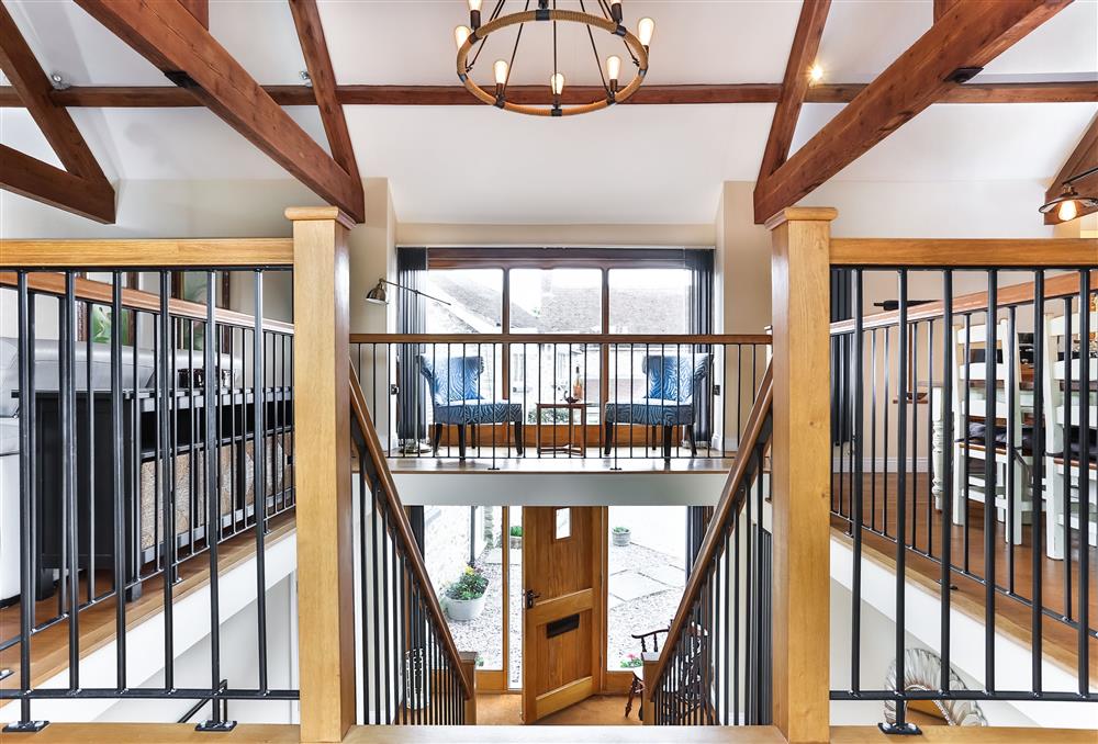 The wooden staircase in the center of the property