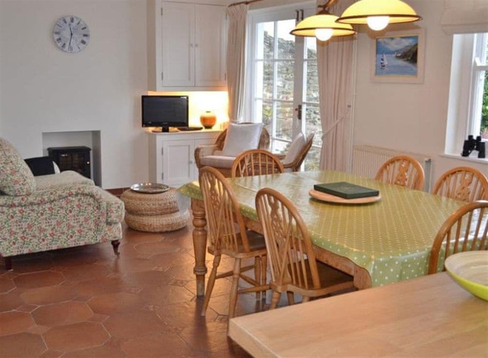 The lower ground floor day room, dining area and the kitchen at Roadstead in Fowey, Cornwall