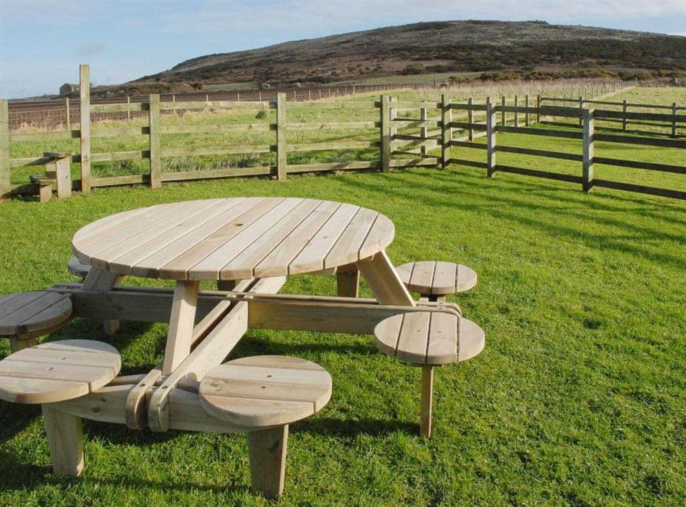 Sitting-out-area at Robin’s Nest in Kerrow Farm, Sennen, Cornwall., Great Britain