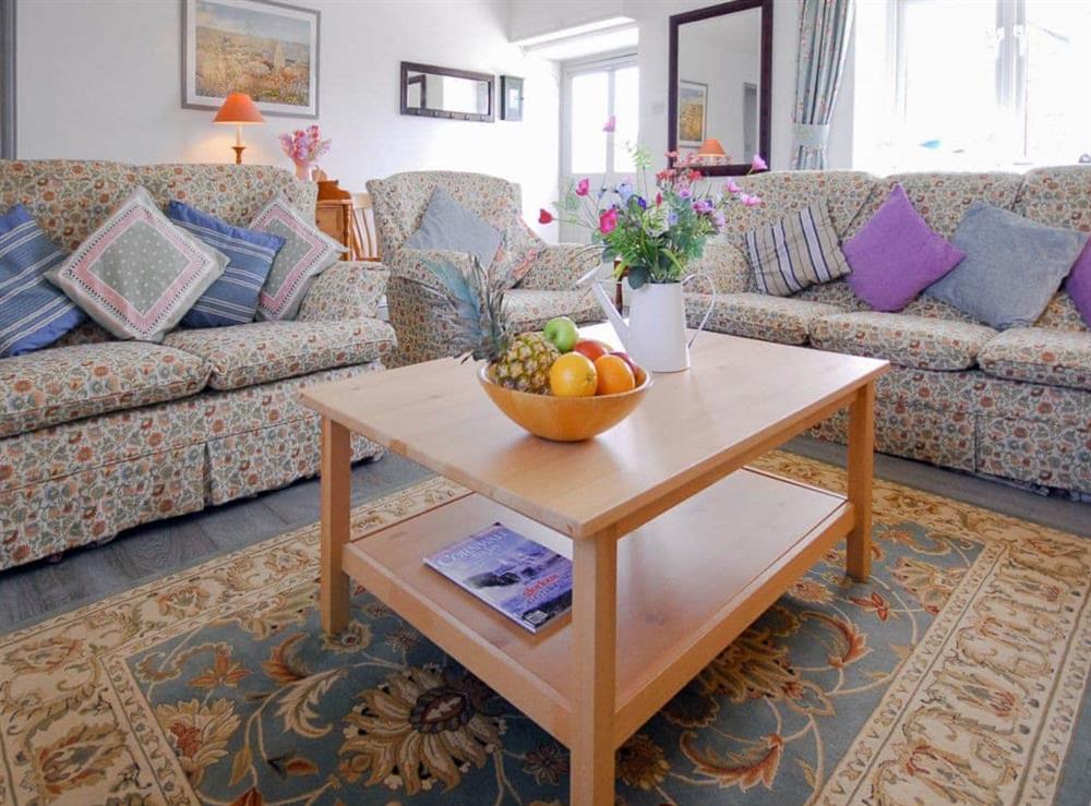 Well presented living room at Robin’s Nest in Kerrow Farm, Sennen, Cornwall., Great Britain
