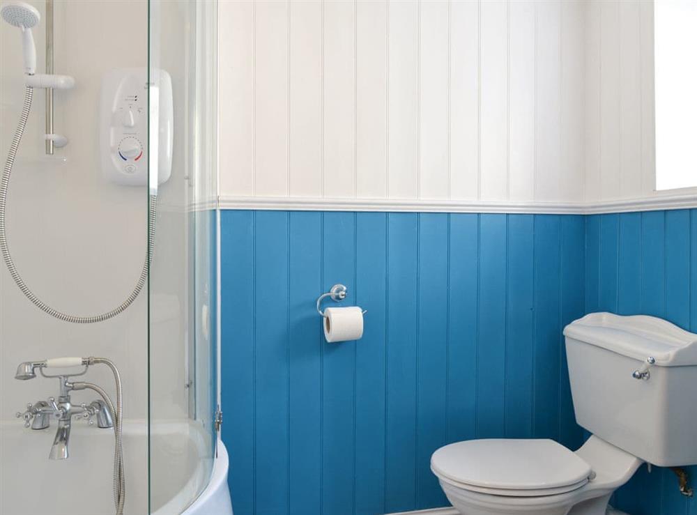 Bathroom with shower over bath at Rock Cottage in Ardentinny, near Dunoon, Argyll and Bute, Scotland