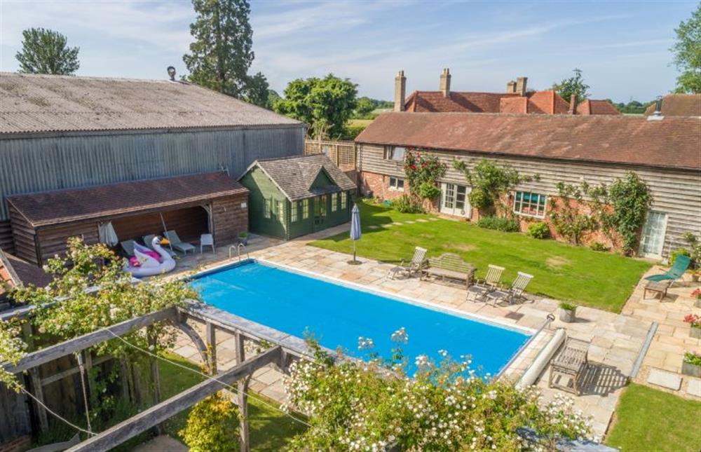 Aerial view showing swimming pool and entrance to Rose Barn at Rose Barn, Stoke By Nayland