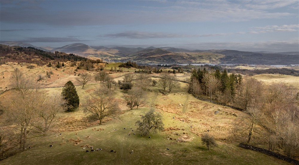 An aerial view of the Lake District surrounding Rose Castle Cottage, Cumbria at Rose Castle Cottage in Nr Coniston, Cumbria