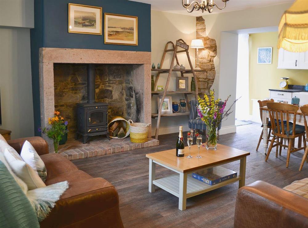 Lounge area with wood burner at Rose Cottage in Beadnell, Northumberland