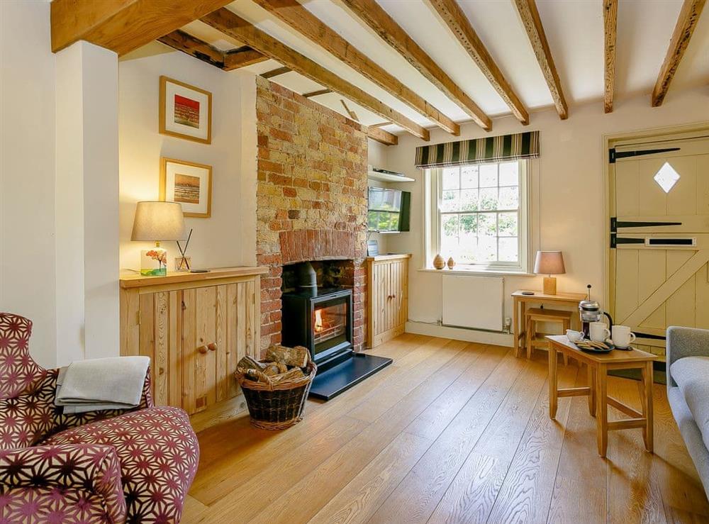 Stylishly refurbished living room with wood burner at Rose Cottage in Fulking, near Brighton, West Sussex