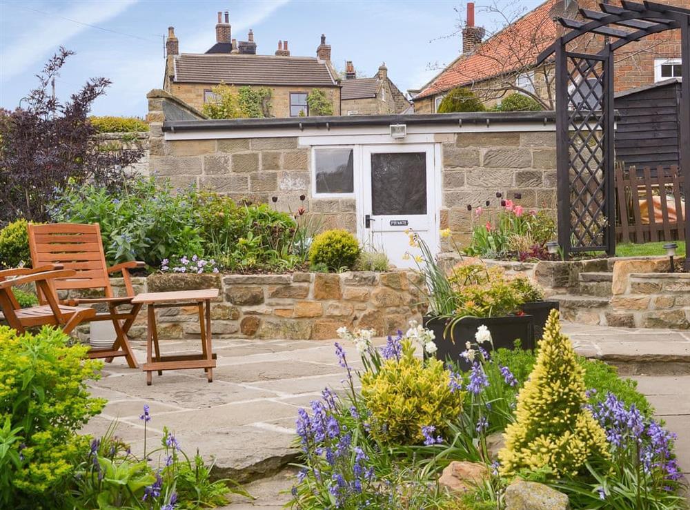 Well planted established garden at Rose Cottage in Fylingthorpe, near Whitby, Yorkshire, North Yorkshire