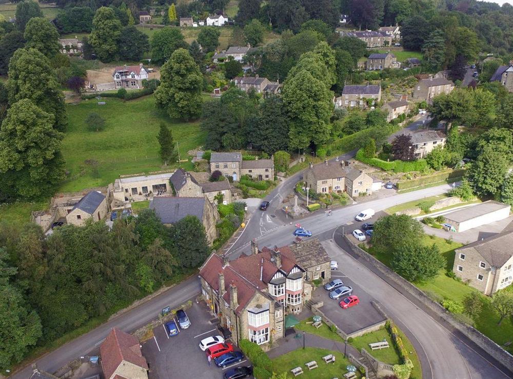 Aerial view of the community with the property in the centre at Rose Cottage in Grindleford, near Bakewell, Derbyshire