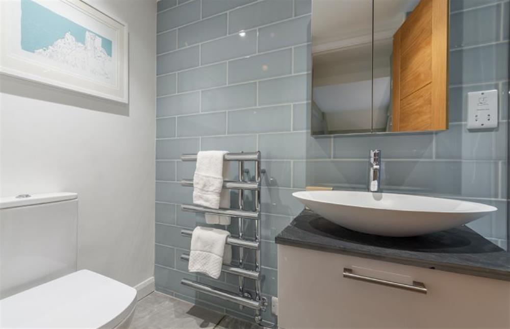 Bedroom en-suite with shower, wash basin and WC at Rose in Vale Cottage, Mithian, St Agnes 