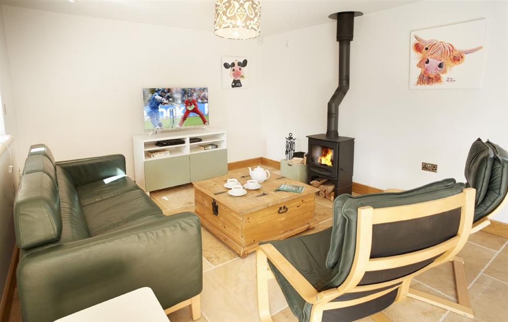 Sitting area with comfortable seating around a wood burning stove at Rosebank Barn, Ablington