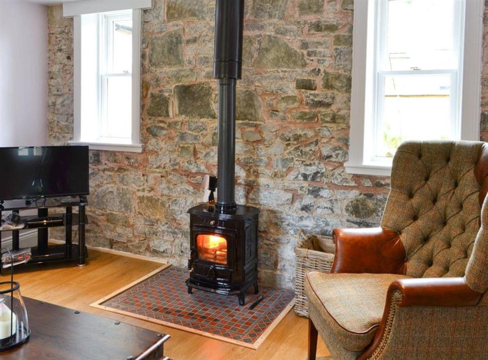 Living room with wood burner at Roseburn Cottage in Moffat, Dumfriesshire