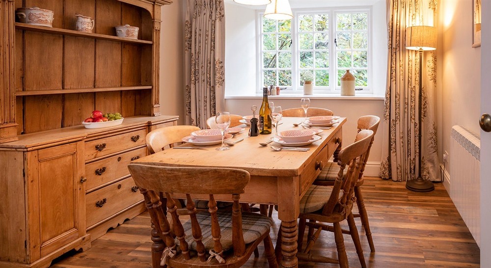 The dining room at Roseland Porth Barn in Roseland, Cornwall