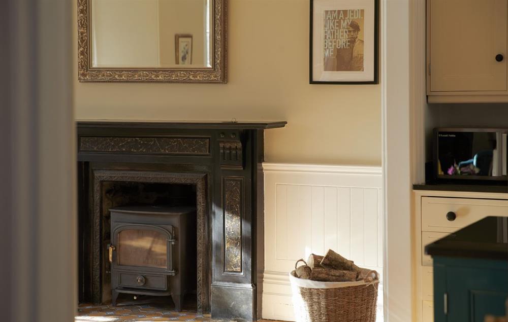 Feature fireplace in the open plan living room at Rosevean House, St. Agnes