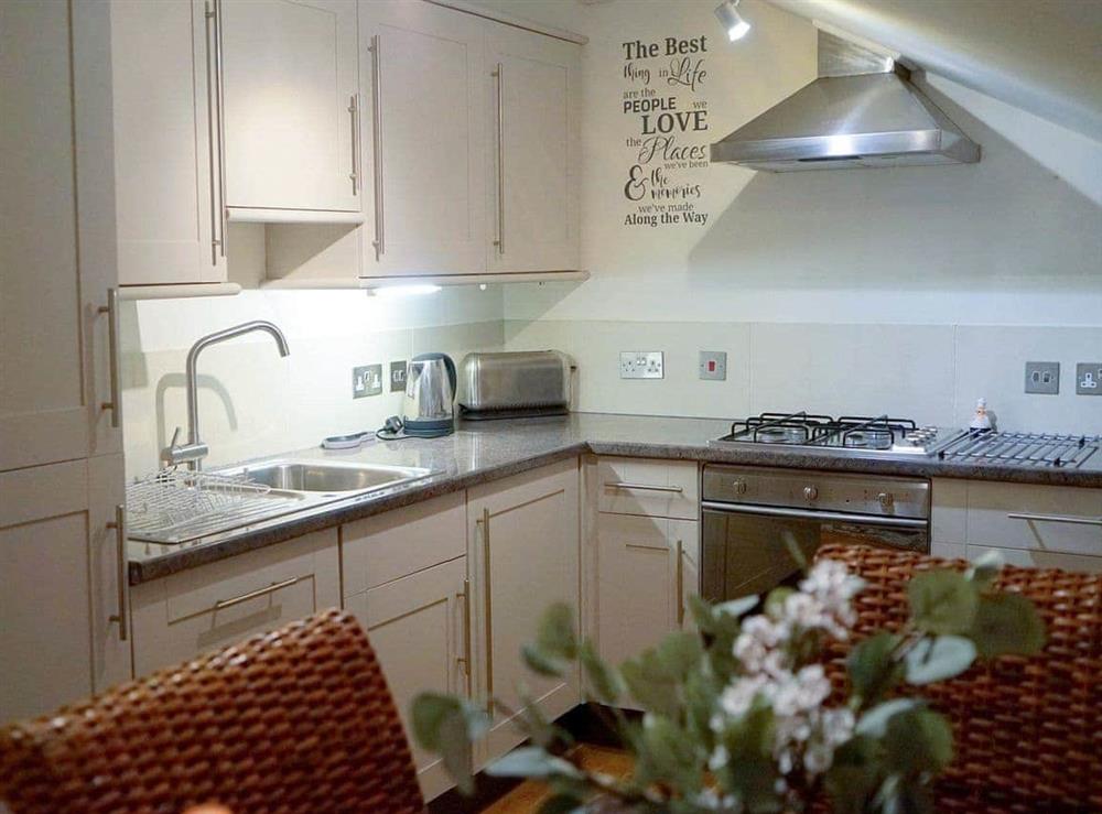 A contemporary modern kitchen with built in appliances at Rosie Apartment in Fowey, Cornwall