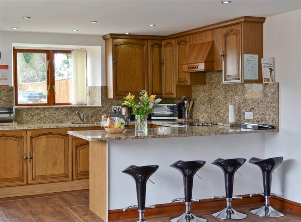 Well-equipped kitchen with breakfast bar at Roslyn Cottage in Hamsterley, near Wolsingham, Durham